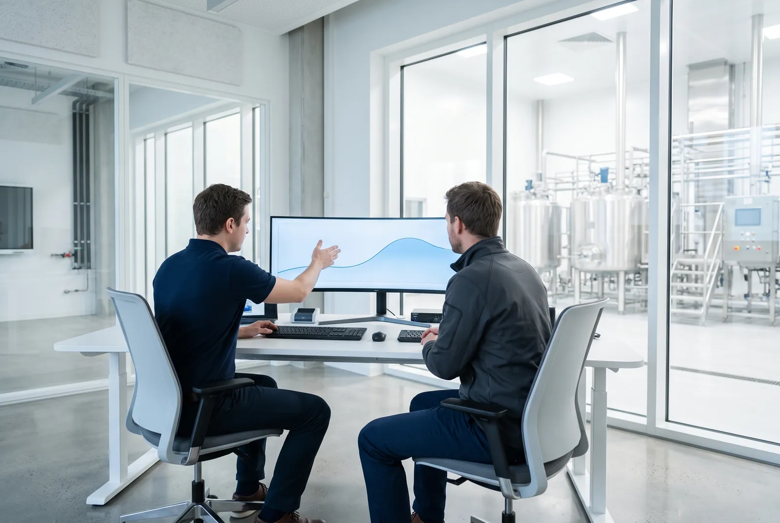 Illustration: two engineers reviewing a trend on a control-room monitor