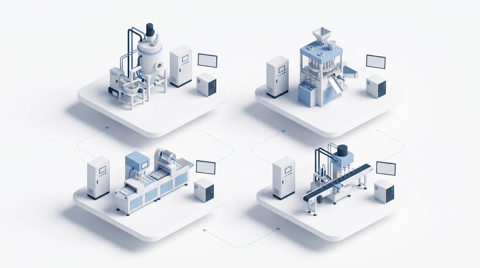 Illustration: four manufacturing machines on separate islands, each with its own controller, database and screen